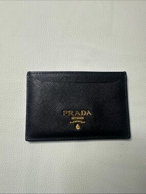 Authentic Prada Black Saffiano Leather Card & Key Holder with Gold Logo